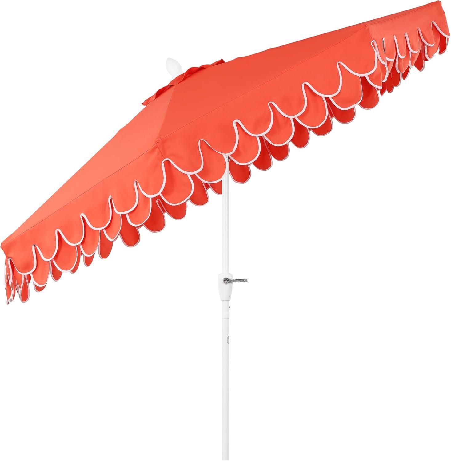 imageJONATHAN Y UMB1002F Tracy 9 ft Classic MidCentury Scalloped Fringe Market Patio Umbrella with AutoTilt Crank Wind Vent and UV Protection in Coral RedWhite White PoleCoral Red White Pole