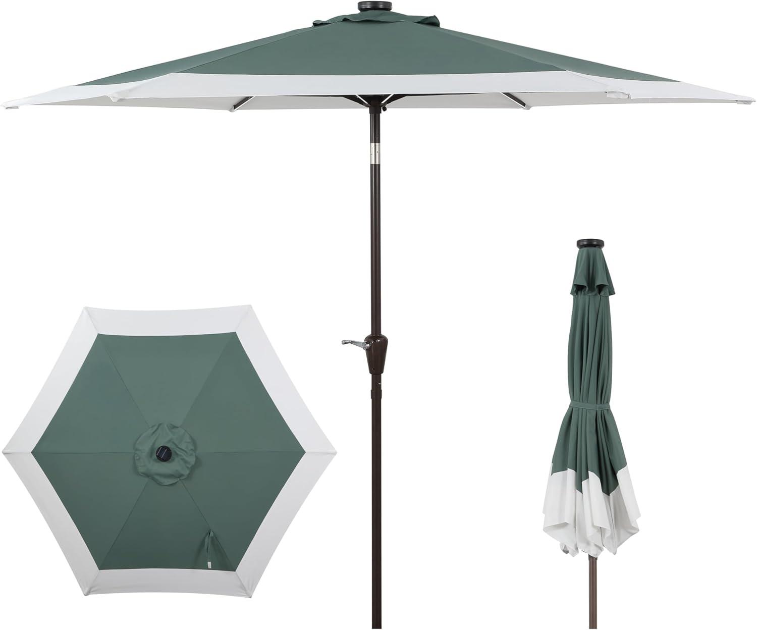 imageJONATHAN Y UMB1100E Spencer 9 ft Classic Coastal 2Tone Solar LED Market Patio Umbrella with 12 LED Strip Lights AutoTilt Crank Protection in GreenWhiteGreenWhite