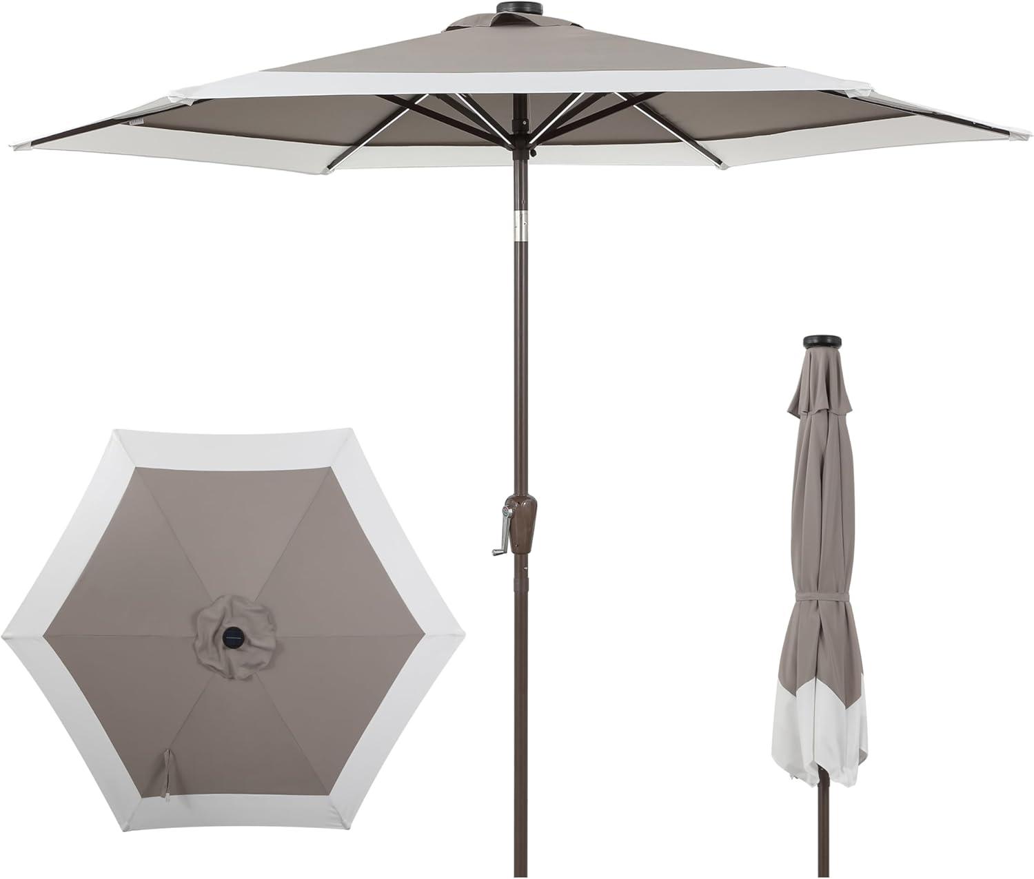 imageJONATHAN Y UMB1100E Spencer 9 ft Classic Coastal 2Tone Solar LED Market Patio Umbrella with 12 LED Strip Lights AutoTilt Crank Protection in GreenWhiteGrayWhite