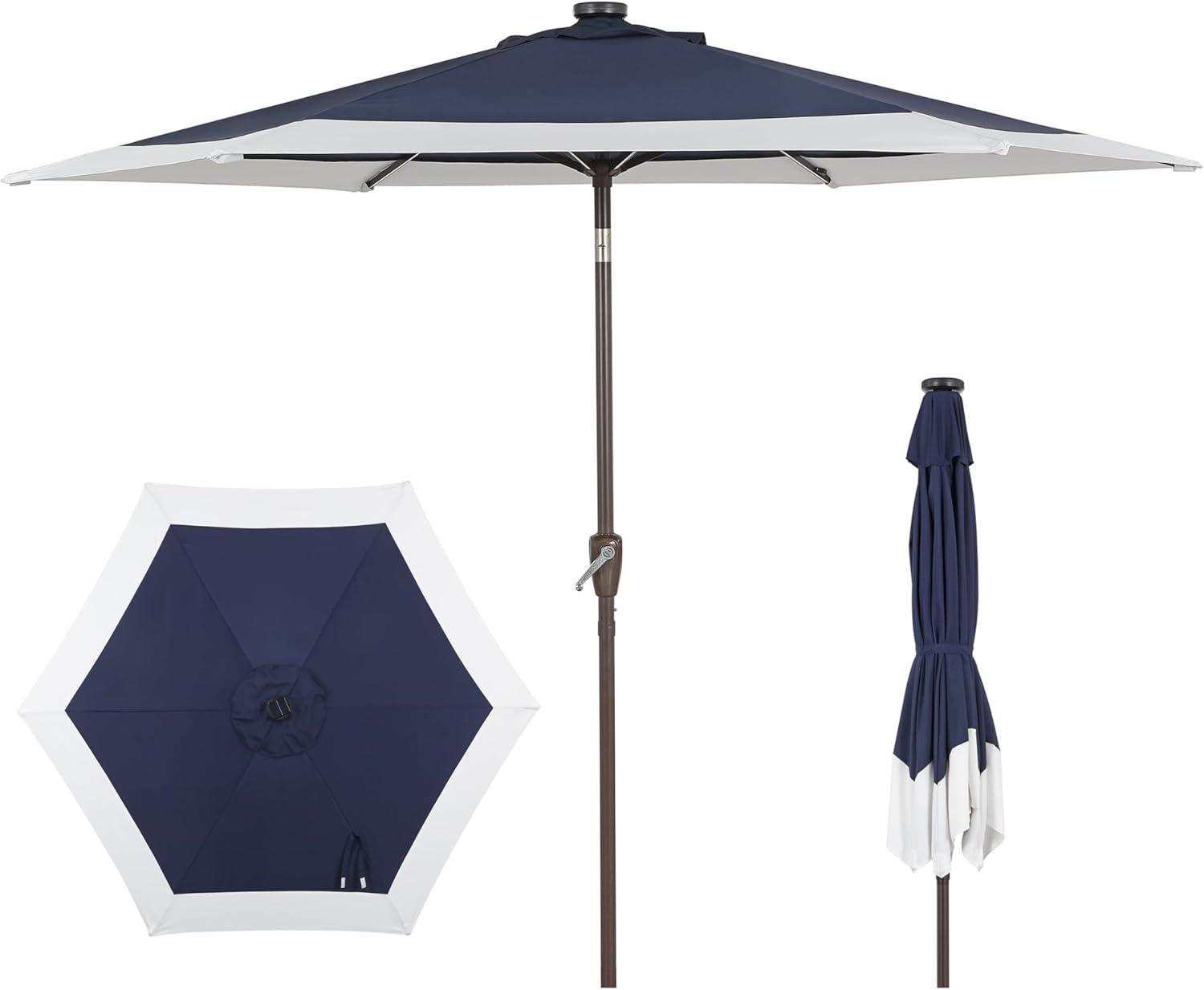 imageJONATHAN Y UMB1100E Spencer 9 ft Classic Coastal 2Tone Solar LED Market Patio Umbrella with 12 LED Strip Lights AutoTilt Crank Protection in GreenWhiteNavyWhite