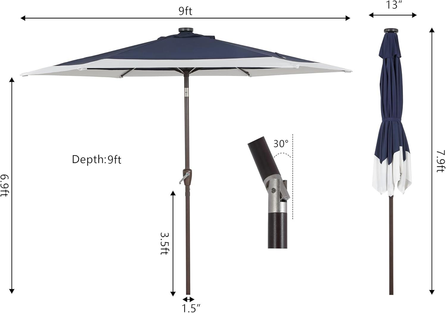 imageJONATHAN Y UMB1100E Spencer 9 ft Classic Coastal 2Tone Solar LED Market Patio Umbrella with 12 LED Strip Lights AutoTilt Crank Protection in GreenWhiteNavyWhite