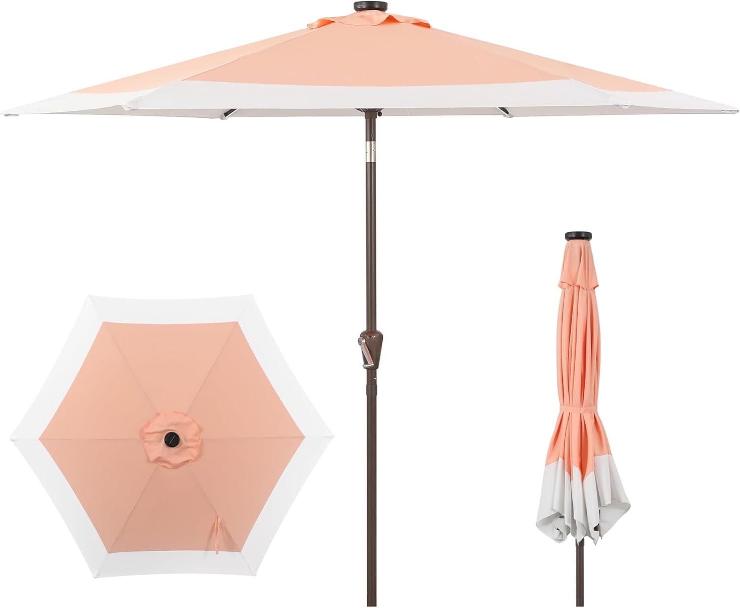 imageJONATHAN Y UMB1100E Spencer 9 ft Classic Coastal 2Tone Solar LED Market Patio Umbrella with 12 LED Strip Lights AutoTilt Crank Protection in GreenWhiteCoral PinkWhite