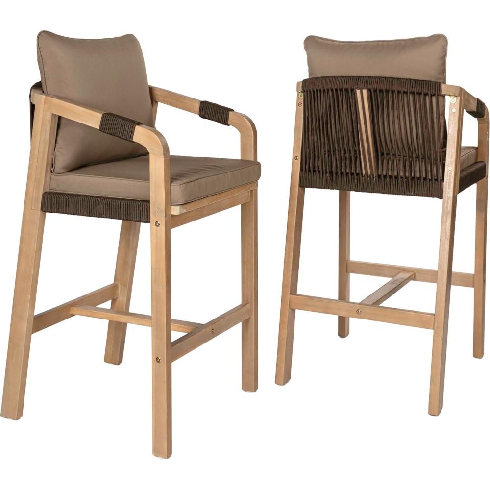 imageJONATHAN Y BSL1200BSET2 Porto Modern Coastal Tub Roped Acacia Wood Outdoor Bar Stool with Cushions and Armrests Modern Coastal Contemporary Rustic Garden Room Patio GrayTeak Brown Set of 2Brown