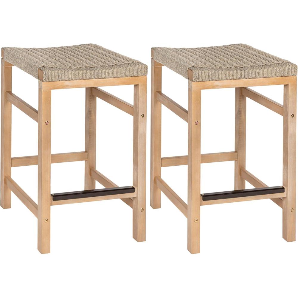 imageJONATHAN Y BSL1201ASET2 Armand 30quot Modern Coastal Backless Acacia Wood Outdoor Bar Stool with Woven Rope Seat for Pool Deck Poolside Light TeakIvory Set of 2Ivory