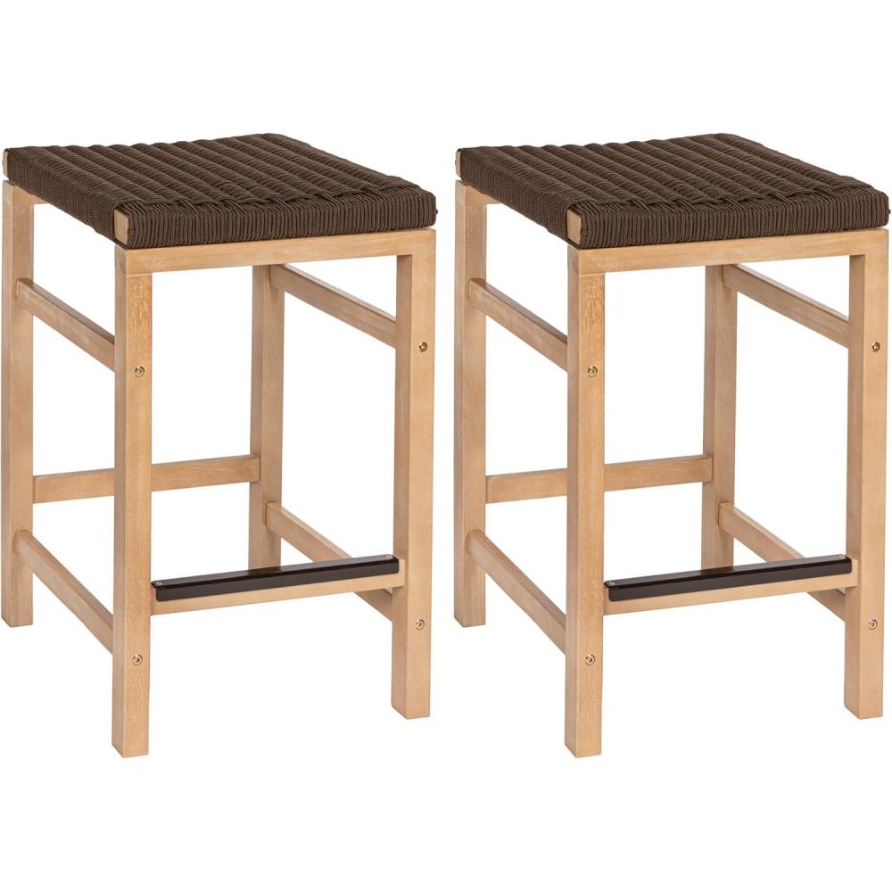 imageJONATHAN Y BSL1201ASET2 Armand 30quot Modern Coastal Backless Acacia Wood Outdoor Bar Stool with Woven Rope Seat for Pool Deck Poolside Light TeakIvory Set of 2Brown