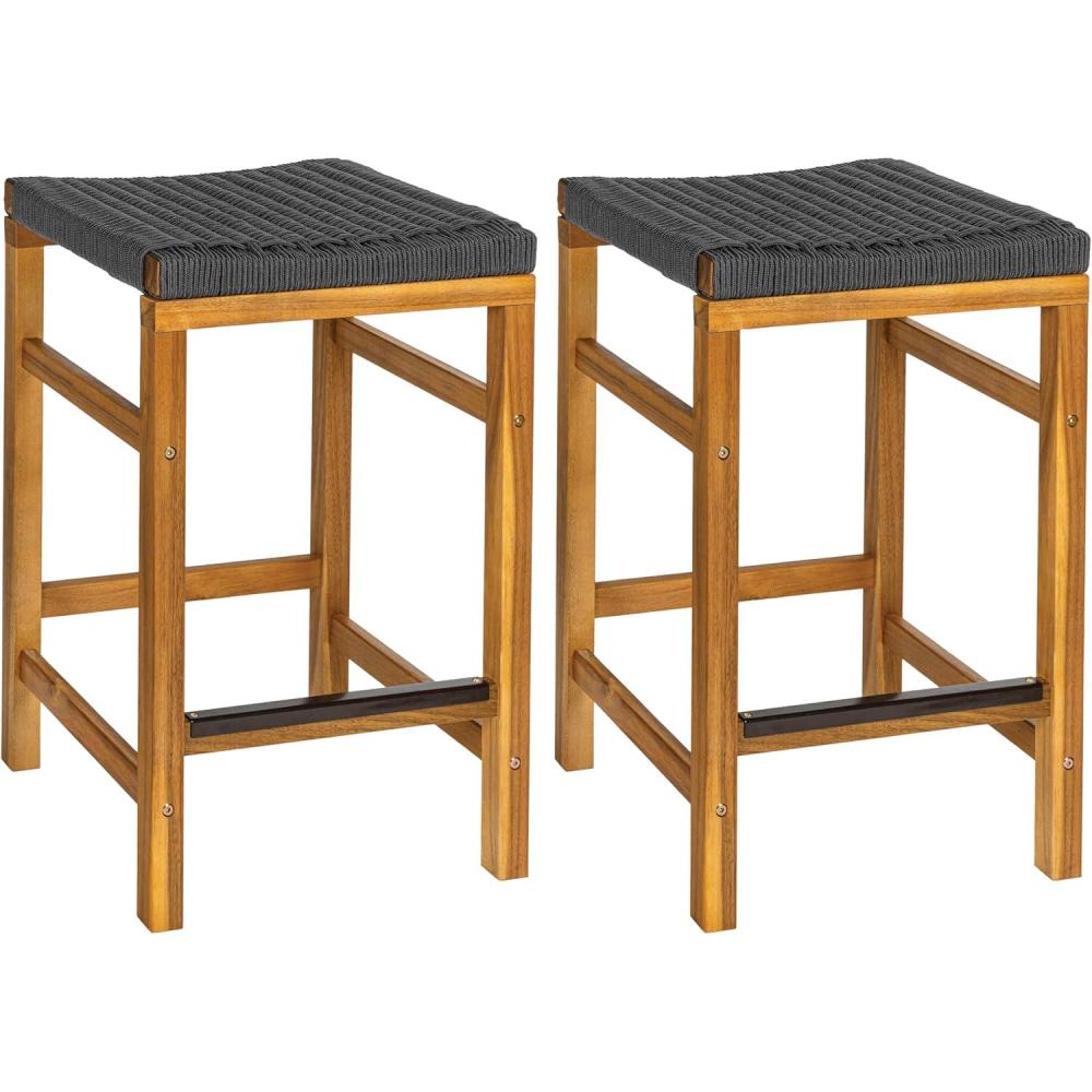 imageJONATHAN Y BSL1201ASET2 Armand 30quot Modern Coastal Backless Acacia Wood Outdoor Bar Stool with Woven Rope Seat for Pool Deck Poolside Light TeakIvory Set of 2Grey