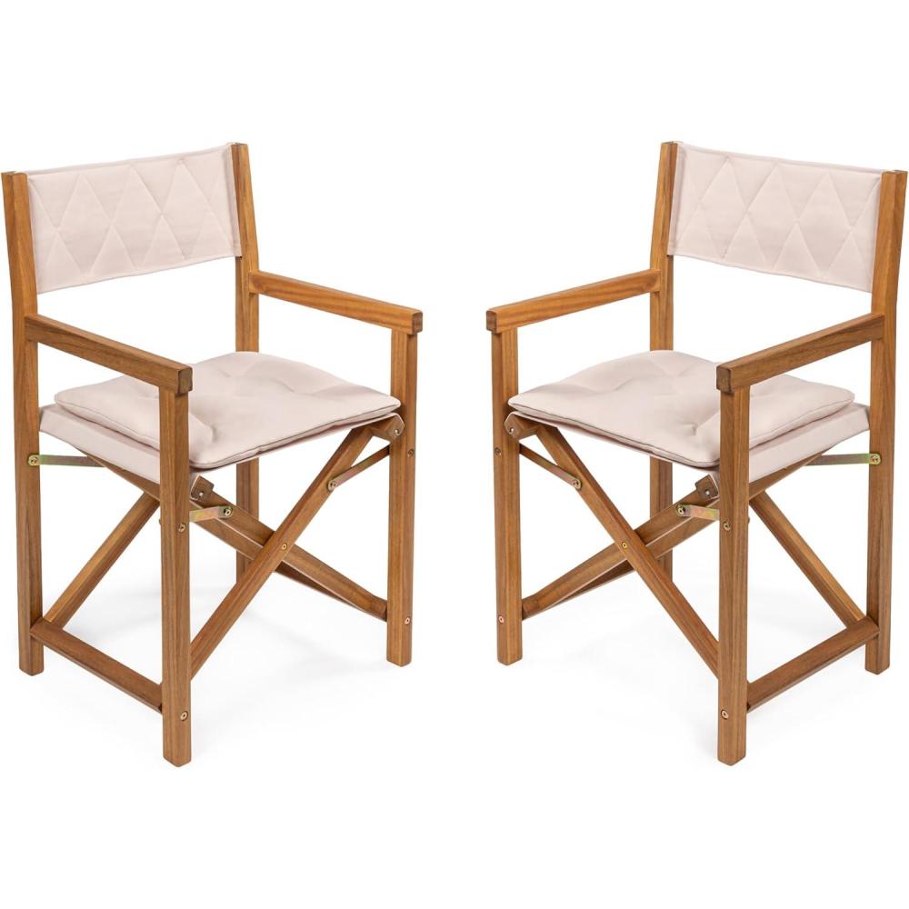 imageJONATHAN Y DRC1002ASET2 Waldo Classic MidCentury Outdoor Acacia Wood Foldable DiamondQuilted Back Director Chair with Cushion Modern Vintage Bohemian Coastal BeigeTeak Brown Set of 2BeigeTeak Brown