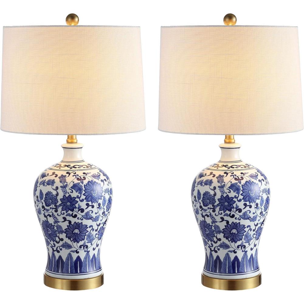 imageJONATHAN Y JYL1073ASET2 Set of 2 Table Lamps Jennifer 2575quot CeramicMetal LED Table Lamp Cottage Bedside Desk Nightstand Lamp for Bedroom Living Room Office College Bookcase BlueWhite