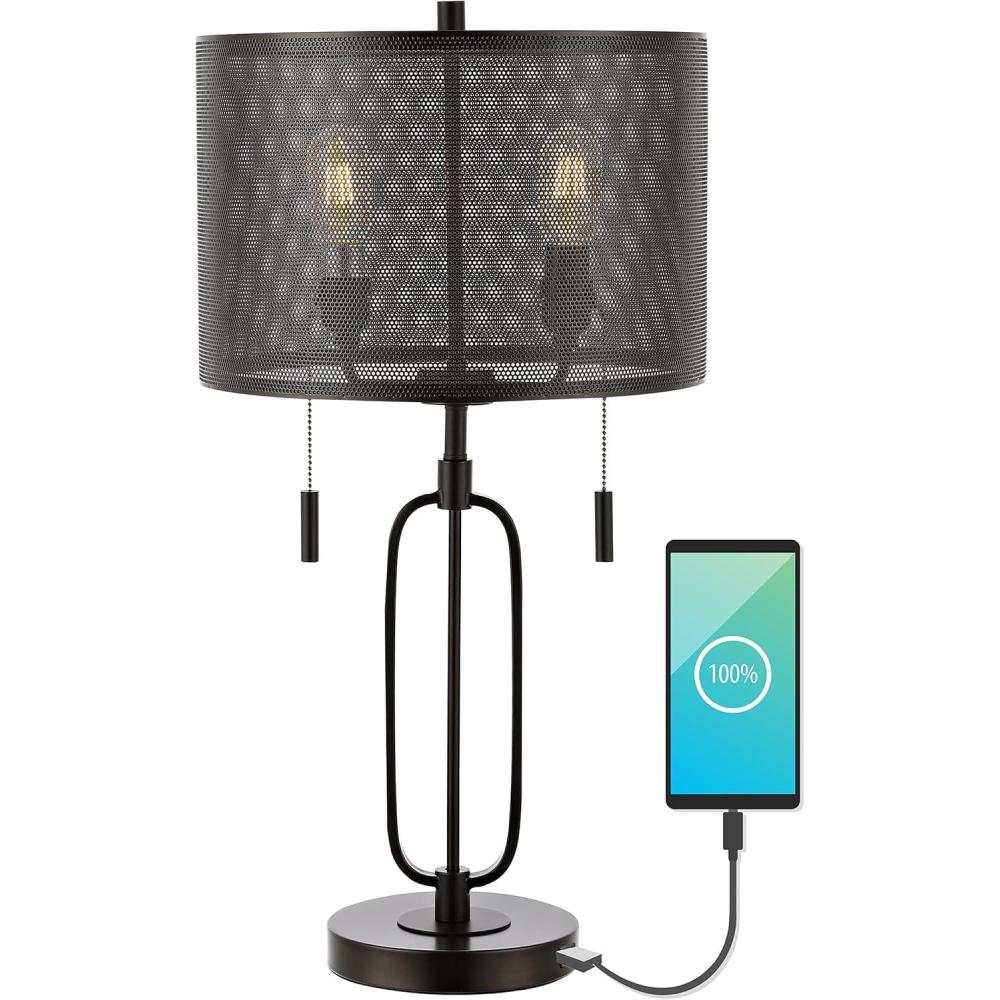 imageJONATHAN Y JYL1111A Hank 27quot 2Light Industrial Farmhouse Iron LED Table Lamp with USB Charging Port Contemporary Bedside Desk Lamp for Bedroom Living Room Office Oil Rubbed Bronze