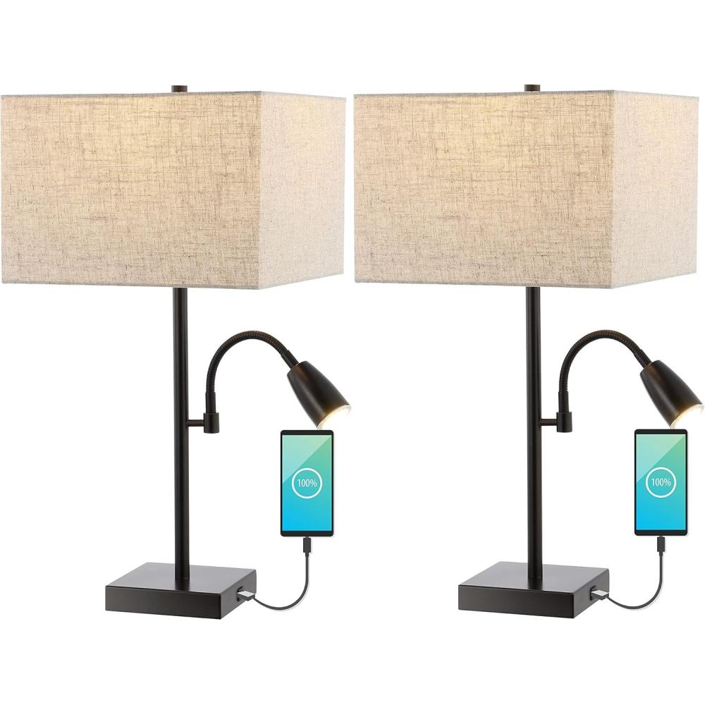 imageJONATHAN Y JYL1112ASET2 Austin 255quot 2Light Farmhouse Industrial Iron LED Table LampUSB Charging PortAdjustable Reading Light CoastalMinimalist Bedside Desk NightstandOil Rubbed BronzeSet of 2