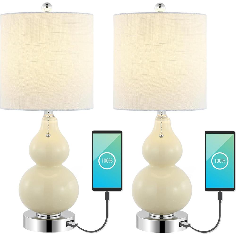 imageJONATHAN Y JYL1125CSET2 Cora 22quot Classic Vintage Glass LED Table Lamp with USB Charging Port Coastal Contemporary Bedside Desk Nightstand Lamp for Bedroom Living Room Clear Set of 2Cream