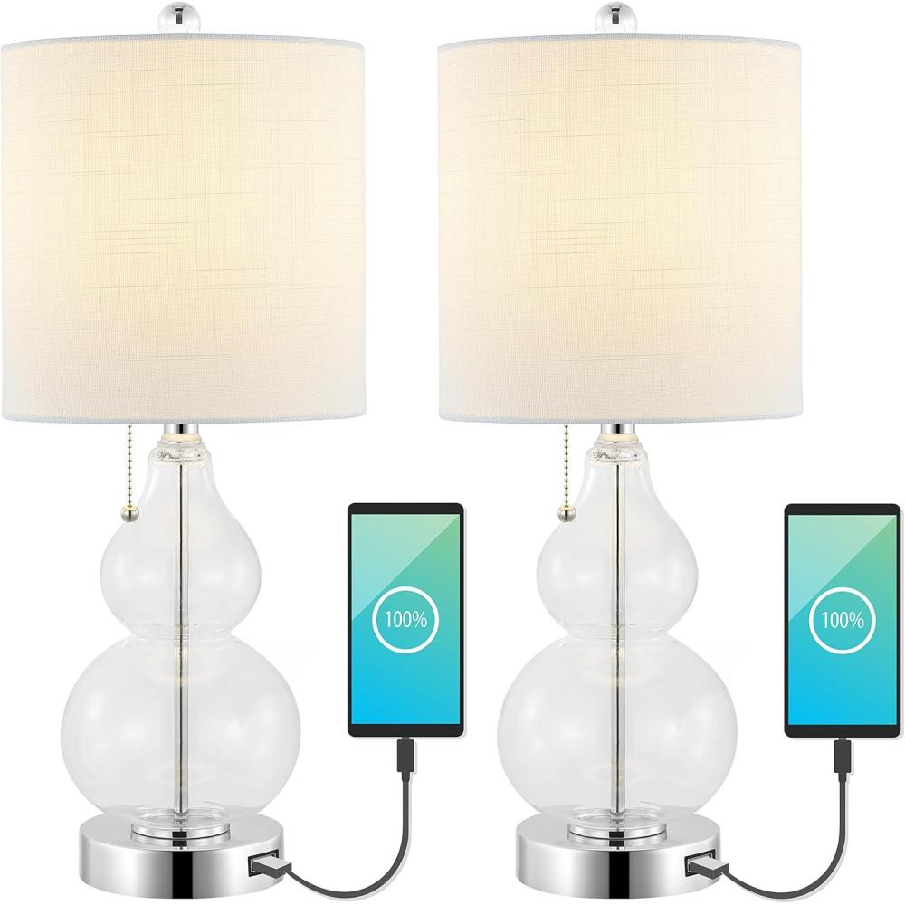 imageJONATHAN Y JYL1125CSET2 Cora 22quot Classic Vintage Glass LED Table Lamp with USB Charging Port Coastal Contemporary Bedside Desk Nightstand Lamp for Bedroom Living Room Clear Set of 2ChromeClear