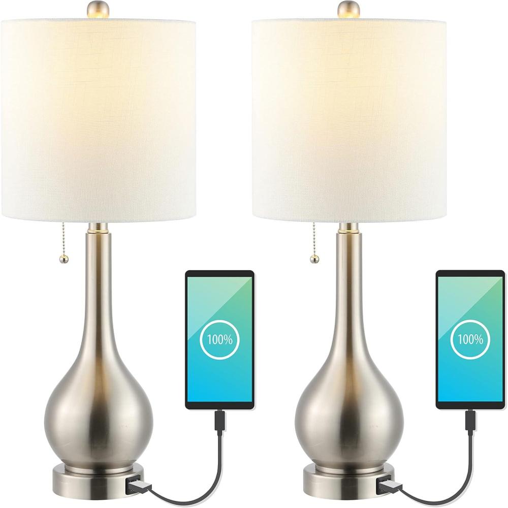 imageJONATHAN Y JYL1127BSET2 Tyler 24quot Gourd Iron LED Table Lamp PullChain Dual USB Charging Port Farmhouse Classic Modern Traditional for Bedroom Living Room Office Nickel Set of 2Nickel