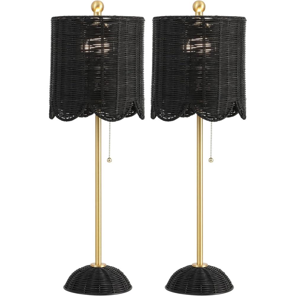 imageJONATHAN Y JYL1138BSET2 Celerie 275quot Coastal Bohemian RattanIron Scalloped Buffet LED Table Lamp with Pull Chain Bedroom Living Room Office Dining Room WhiteBrass Gold Set of 2BlackBrass Gold