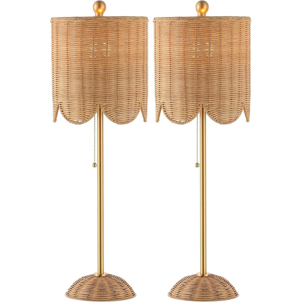 imageJONATHAN Y JYL1138BSET2 Celerie 275quot Coastal Bohemian RattanIron Scalloped Buffet LED Table Lamp with Pull Chain Bedroom Living Room Office Dining Room WhiteBrass Gold Set of 2NaturalBrass Gold