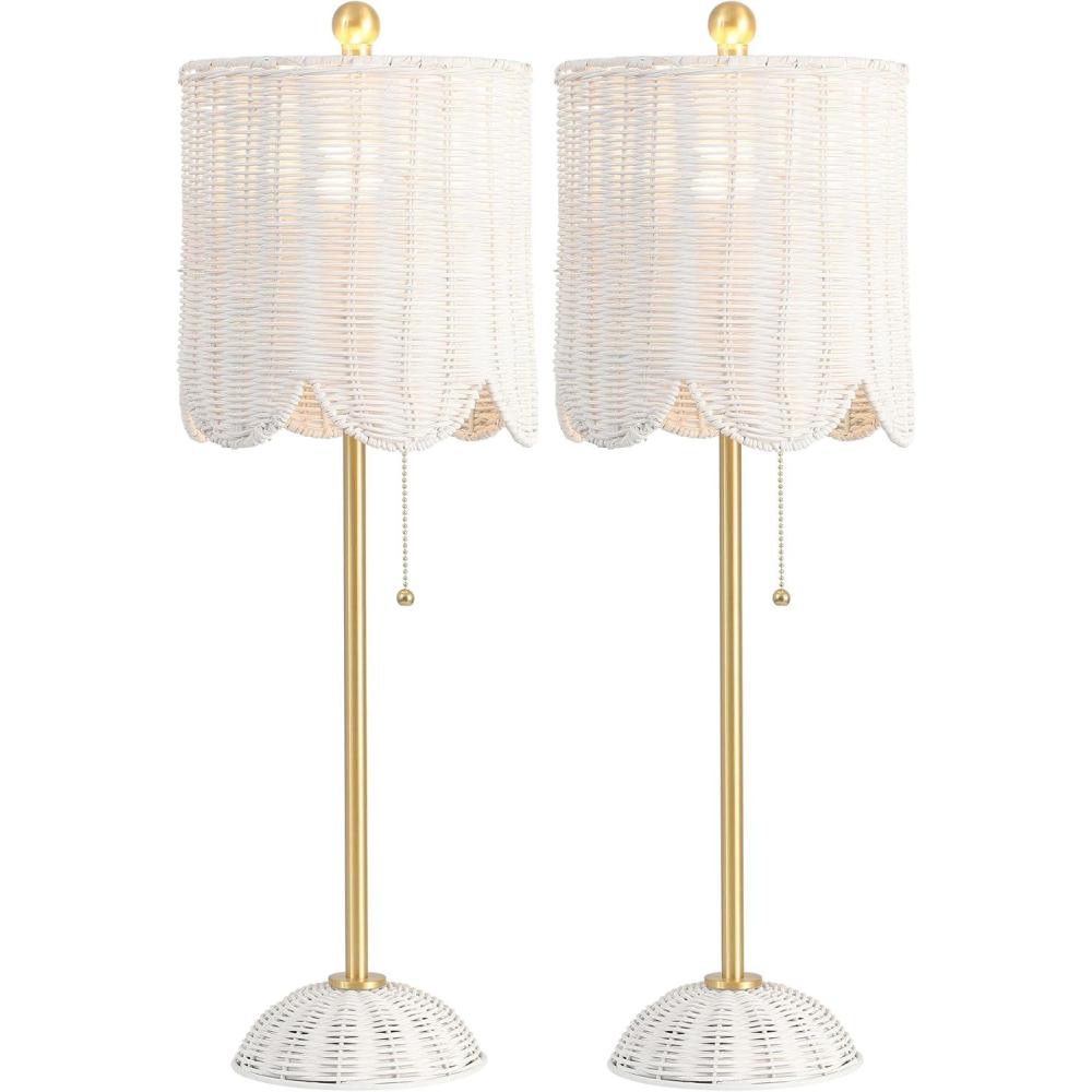 imageJONATHAN Y JYL1138BSET2 Celerie 275quot Coastal Bohemian RattanIron Scalloped Buffet LED Table Lamp with Pull Chain Bedroom Living Room Office Dining Room WhiteBrass Gold Set of 2WhiteBrass Gold