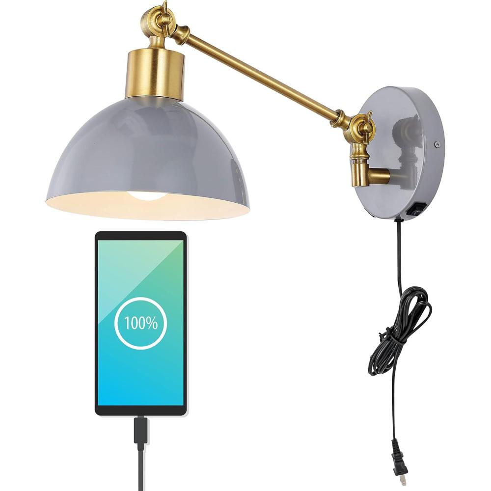 imageJONATHAN Y JYL1301C Lisa 18quot Swing Arm 1Light Modern Midcentury Iron USB Charging Port LED Sconce Transitional Farmhouse Entryway Lobby Kitchen Living Room Hallway GreyBrass Gold 80 inGreyBrass Gold