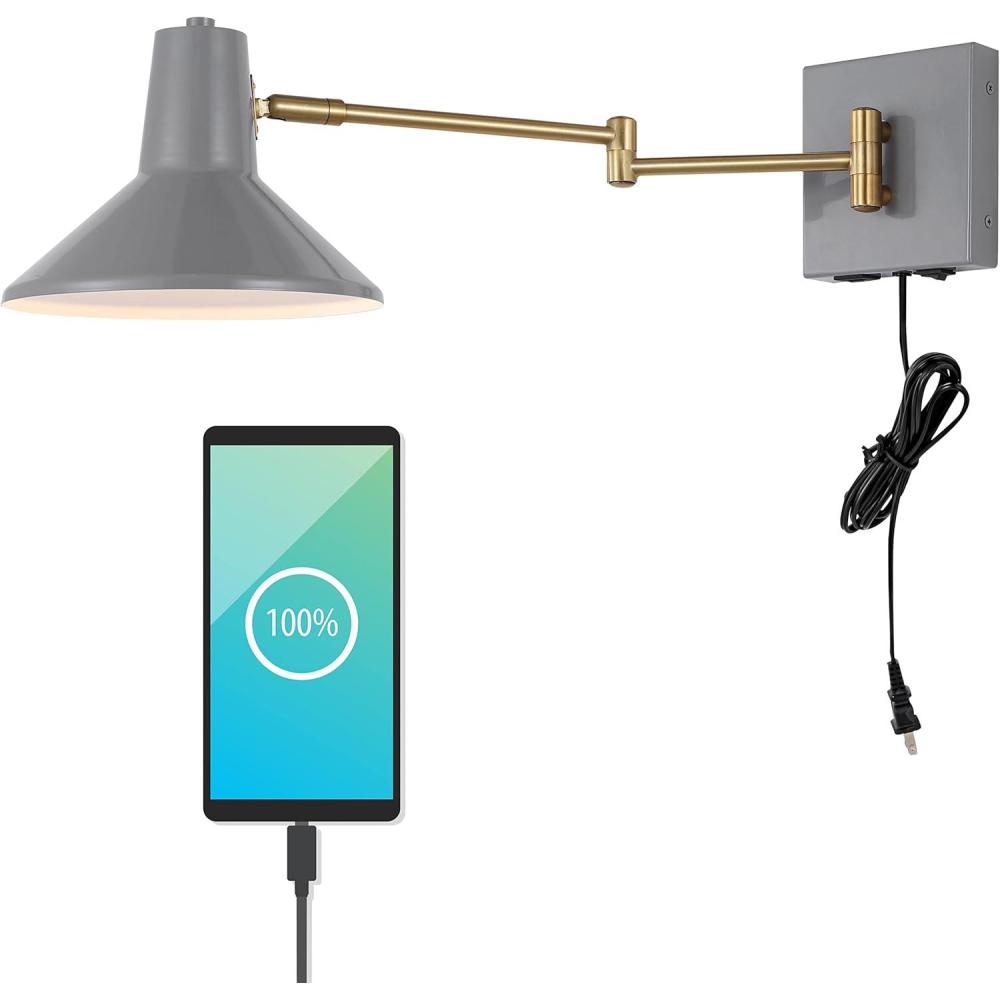 imageJONATHAN Y JYL1302C Hygge 16quot Swing Arm 1Light Modern Midcentury Iron USB Charging Port LED Sconce Transitional Farmhouse Entryway Lobby Kitchen Bathroom Bedroom Living Room GreyBrass GoldGreyBrass Gold