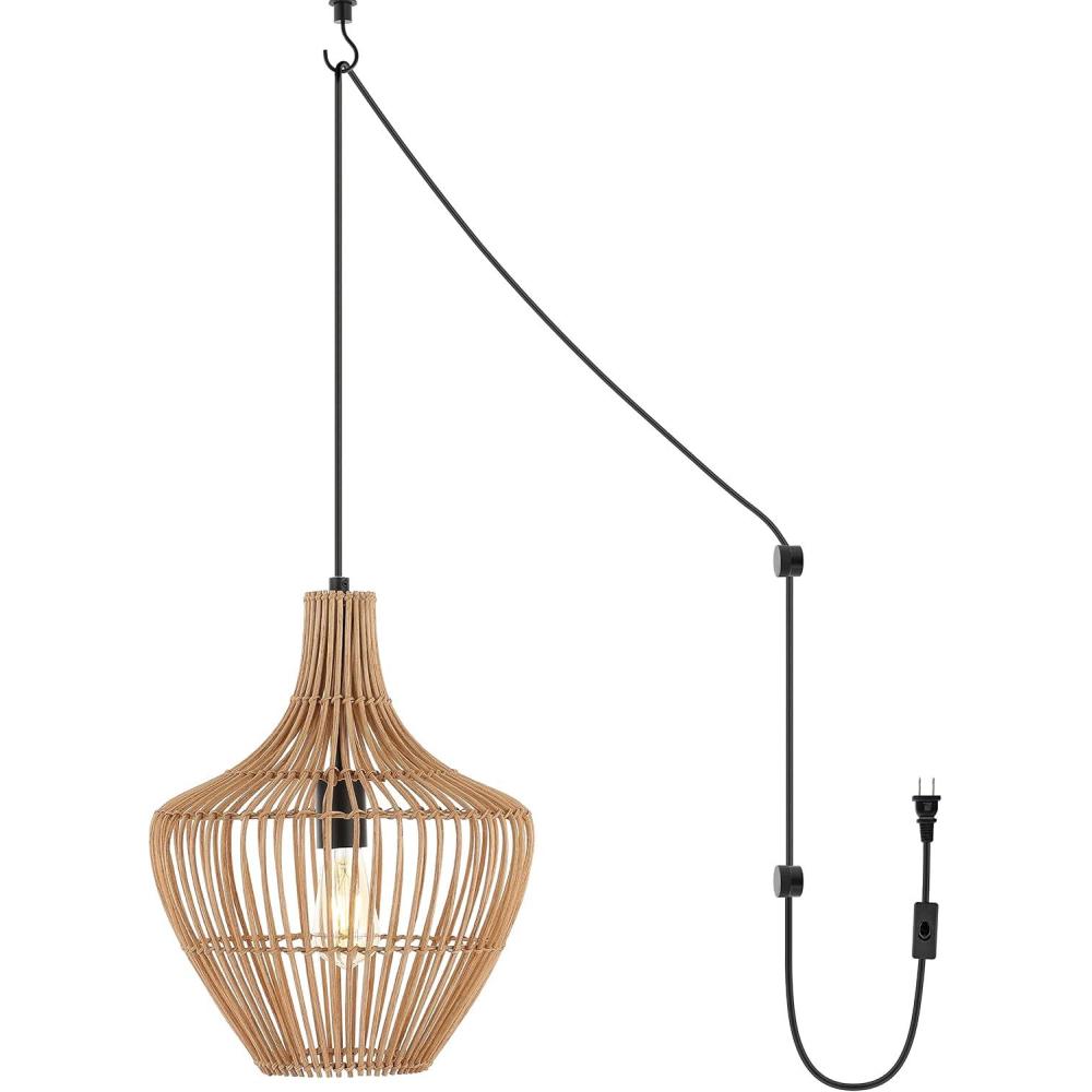 imageJONATHAN Y JYL1401A Koda 13quot 1Light Farmhouse Coastal Bohemian Rattan 180quot Cord Plugin or Hardwired LED Pendant Modern Dining Room Living Room Kitchen Island Foyer Bedroom Brown130 Geometric