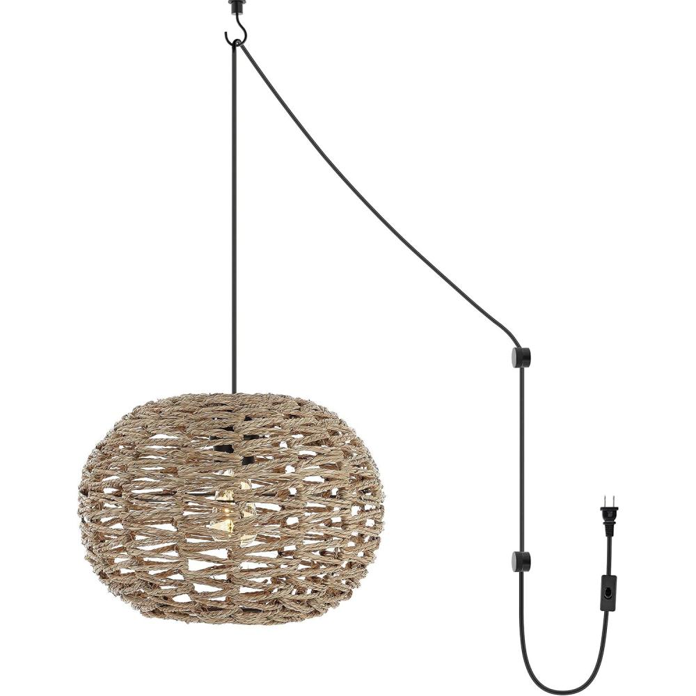imageJONATHAN Y JYL1401A Koda 13quot 1Light Farmhouse Coastal Bohemian Rattan 180quot Cord Plugin or Hardwired LED Pendant Modern Dining Room Living Room Kitchen Island Foyer Bedroom Brown140 Round
