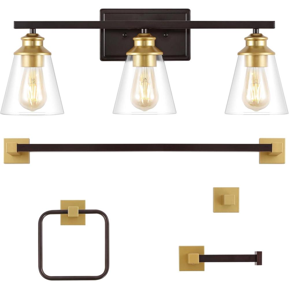 imageJONATHAN Y JYL1500A Arlo 2288quot 3Light Vintage Classic Vanity Light with Bathroom Hardware Accessory Set Oil Rubbed Bronze 5Piece Towel Bar ampamp Ring Toilet Paper Holder Robe HookOil Rubbed BronzeGold Painting