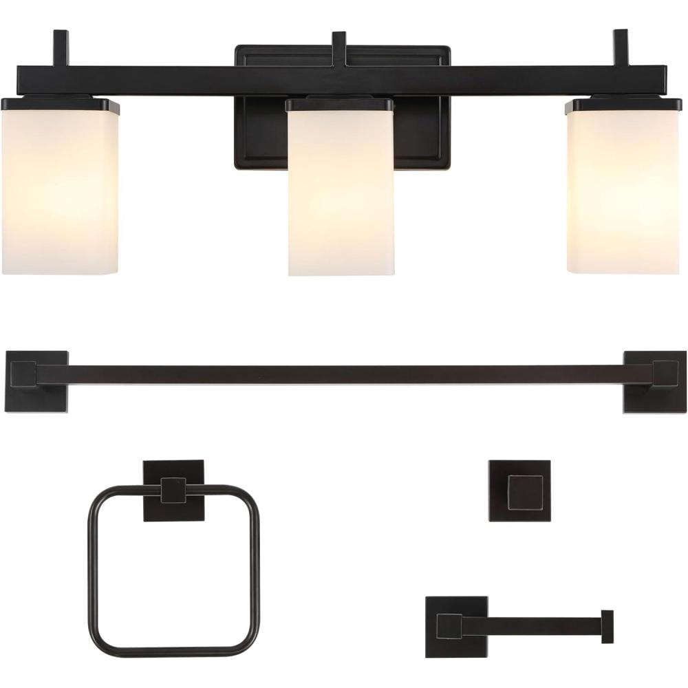 imageJONATHAN Y JYL1501A CAIA 2238quot 3Light Modern Vanity Light with Frosted Glass Shades ampamp Bathroom Hardware Accessory Set Oil Rubbed Bronze 5Piece Towel Bar ampamp Ring Toilet Paper Holder Robe HookOilRubbed Bronze