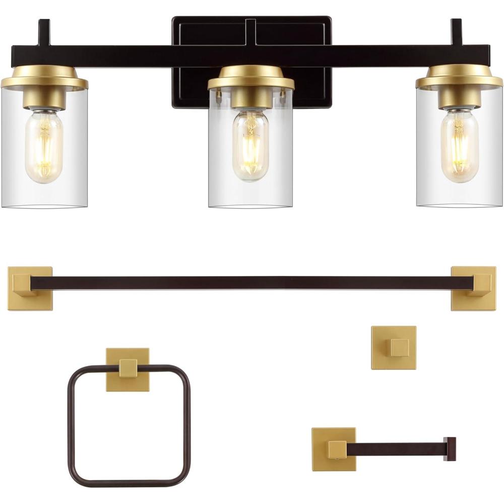 imageJONATHAN Y JYL1502B Liam 2325quot 3Light Farmhouse Vanity Light with Bathroom Hardware Accessory Set Oil Rubbed BronzeGold Painting 5Piece Towel Bar ampamp Ring Toilet Paper Holder Robe HookOil Rubbed BronzeGold Painting