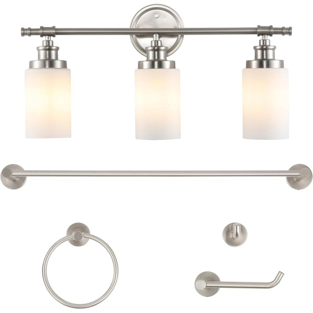imageJONATHAN Y JYL1503C Egan 2325quot 3Light Classic Cottage Vanity Light with Frosted Glass Shades and Bathroom Accessory Set Brushed Nickel 5Piece Towel Bar ampamp Ring Toilet Paper Holder Robe HookBrushed Nickel