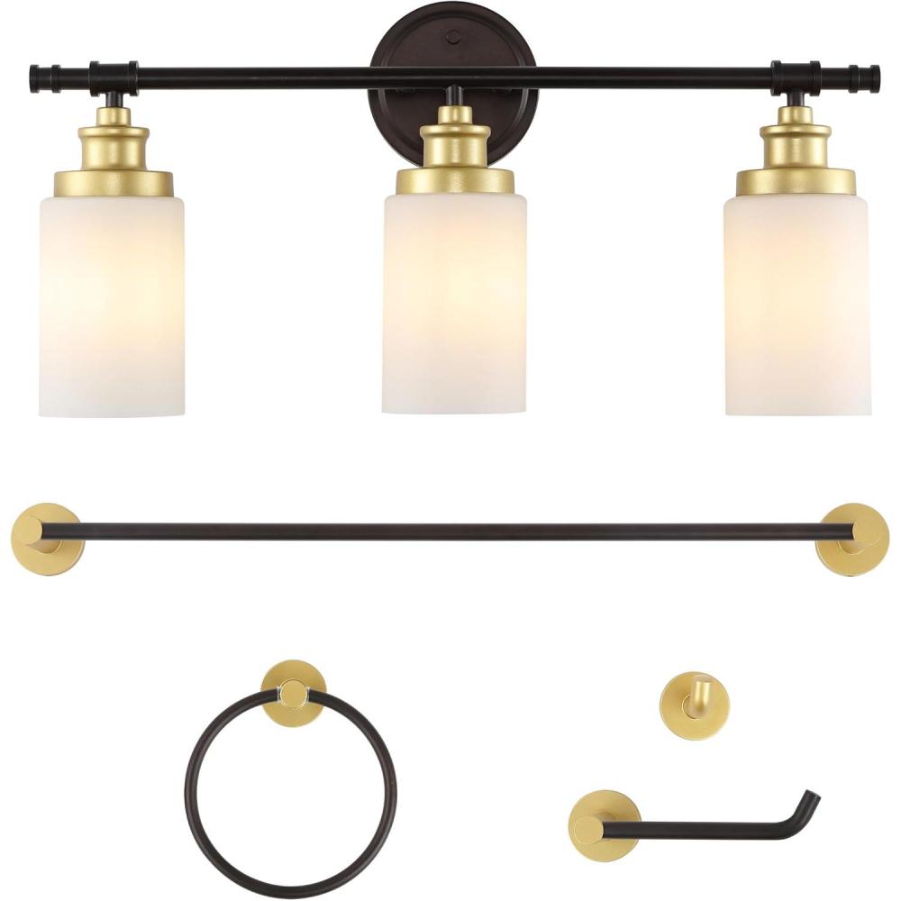 imageJONATHAN Y JYL1503C Egan 2325quot 3Light Classic Cottage Vanity Light with Frosted Glass Shades and Bathroom Accessory Set Brushed Nickel 5Piece Towel Bar ampamp Ring Toilet Paper Holder Robe HookOil Rubbed BronzeGold Painting