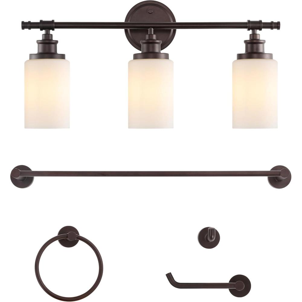 imageJONATHAN Y JYL1503C Egan 2325quot 3Light Classic Cottage Vanity Light with Frosted Glass Shades and Bathroom Accessory Set Brushed Nickel 5Piece Towel Bar ampamp Ring Toilet Paper Holder Robe HookOilRubbed Bronze