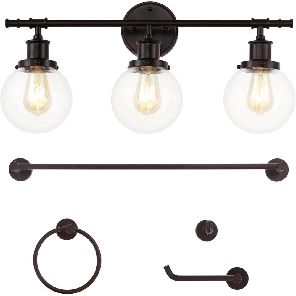 imageJONATHAN Y JYL1504A Hugo 245quot 3Light Farmhouse Classic Vanity Light with Bathroom Hardware Accessory Set Oil Rubbed Bronze 5Piece Towel Bar ampamp Ring Toilet Paper Holder Robe HookOilRubbed Bronze