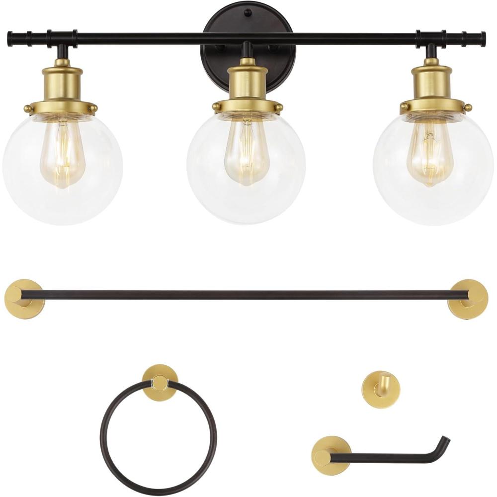 imageJONATHAN Y JYL1504A Hugo 245quot 3Light Farmhouse Classic Vanity Light with Bathroom Hardware Accessory Set Oil Rubbed Bronze 5Piece Towel Bar ampamp Ring Toilet Paper Holder Robe HookOil Rubbed BronzeGold Painting