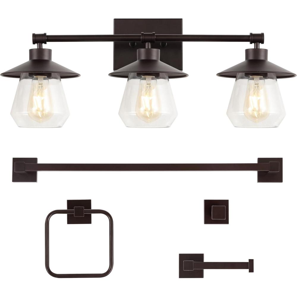 imageJONATHAN Y JYL1505B Avalon 26quot 3Light Farmhouse Cottage Vanity Light with Bathroom Hardware Accessory Set Gold PaintingOil Rubbed Bronze 5Piece Towel Bar ampamp Ring Toilet Paper Holder Robe HookOilRubbed Bronze