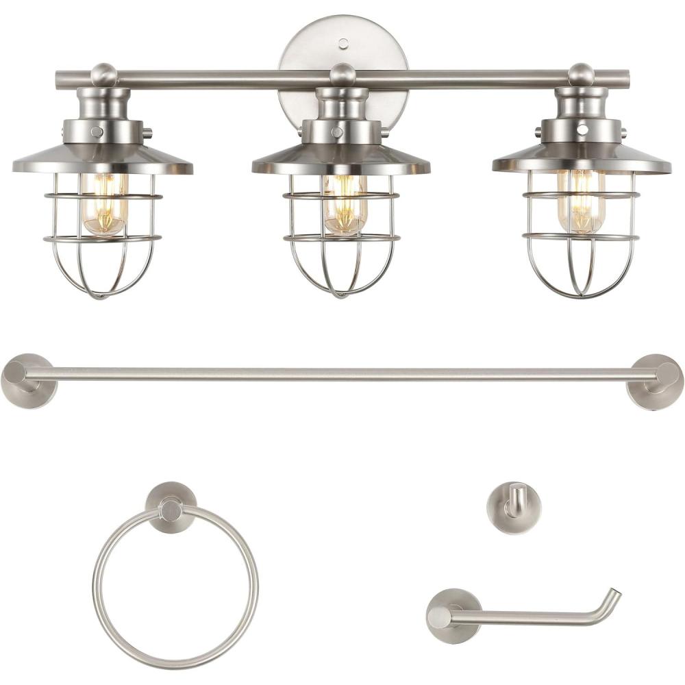 imageJONATHAN Y JYL1506A Ellis 24quot 3Light Industrial Farmhouse Vanity Light with Bathroom Hardware Accessory Set Oil Rubbed Bronze 5Piece Towel Bar ampamp Ring Toilet Paper Holder Robe HookBrushed Nickel