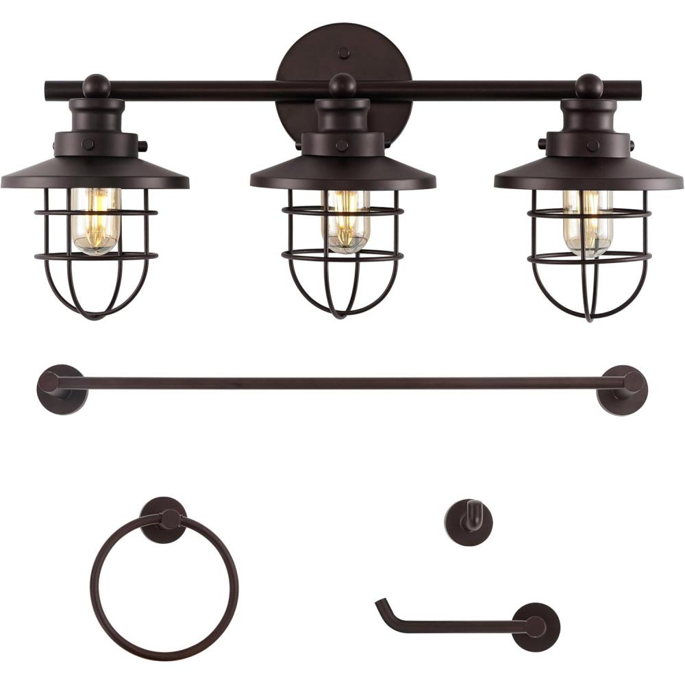 imageJONATHAN Y JYL1506A Ellis 24quot 3Light Industrial Farmhouse Vanity Light with Bathroom Hardware Accessory Set Oil Rubbed Bronze 5Piece Towel Bar ampamp Ring Toilet Paper Holder Robe HookOilRubbed Bronze