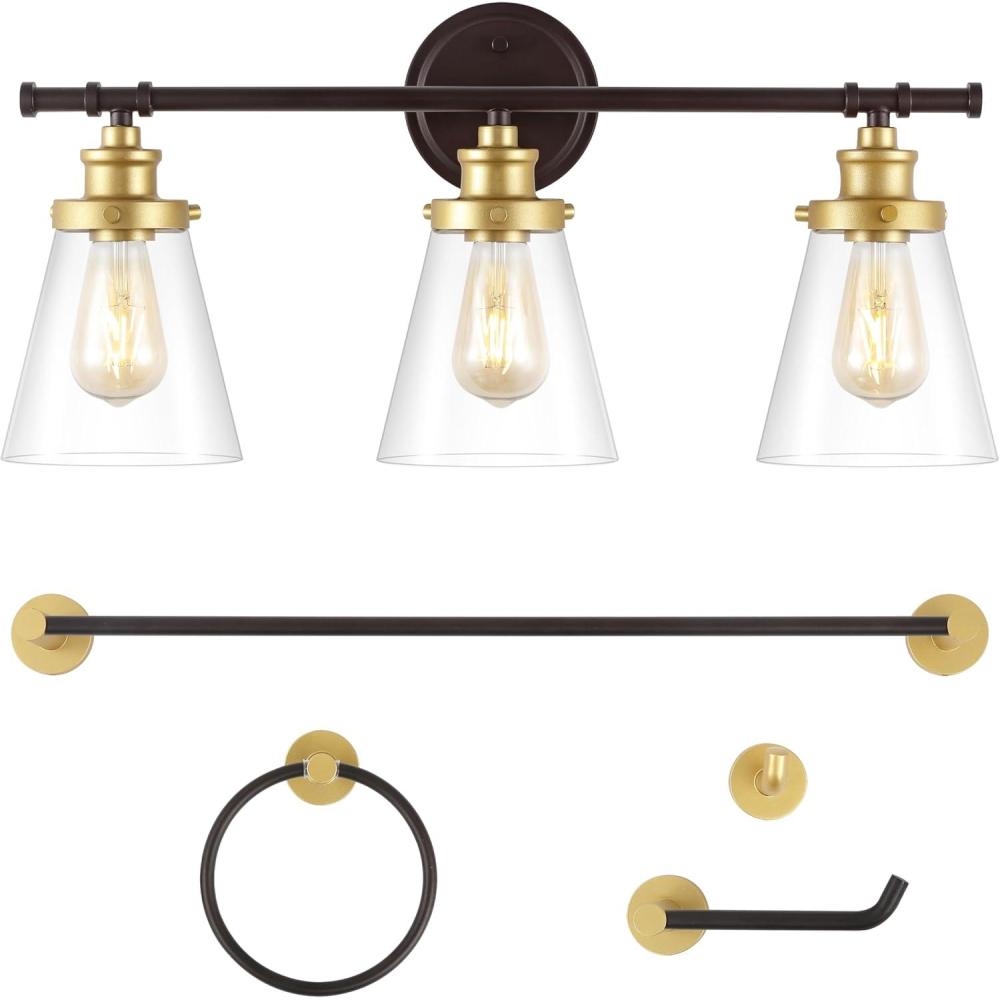 imageJONATHAN Y JYL1507B Hollis 2375quot 3Light Traditional Farmhouse Vanity Light with Bathroom Accessory Set Oil Rubbed BronzeGold Painting 5Piece Towel Bar ampamp Ring Toilet Paper Holder Robe HookOil Rubbed BronzeGold