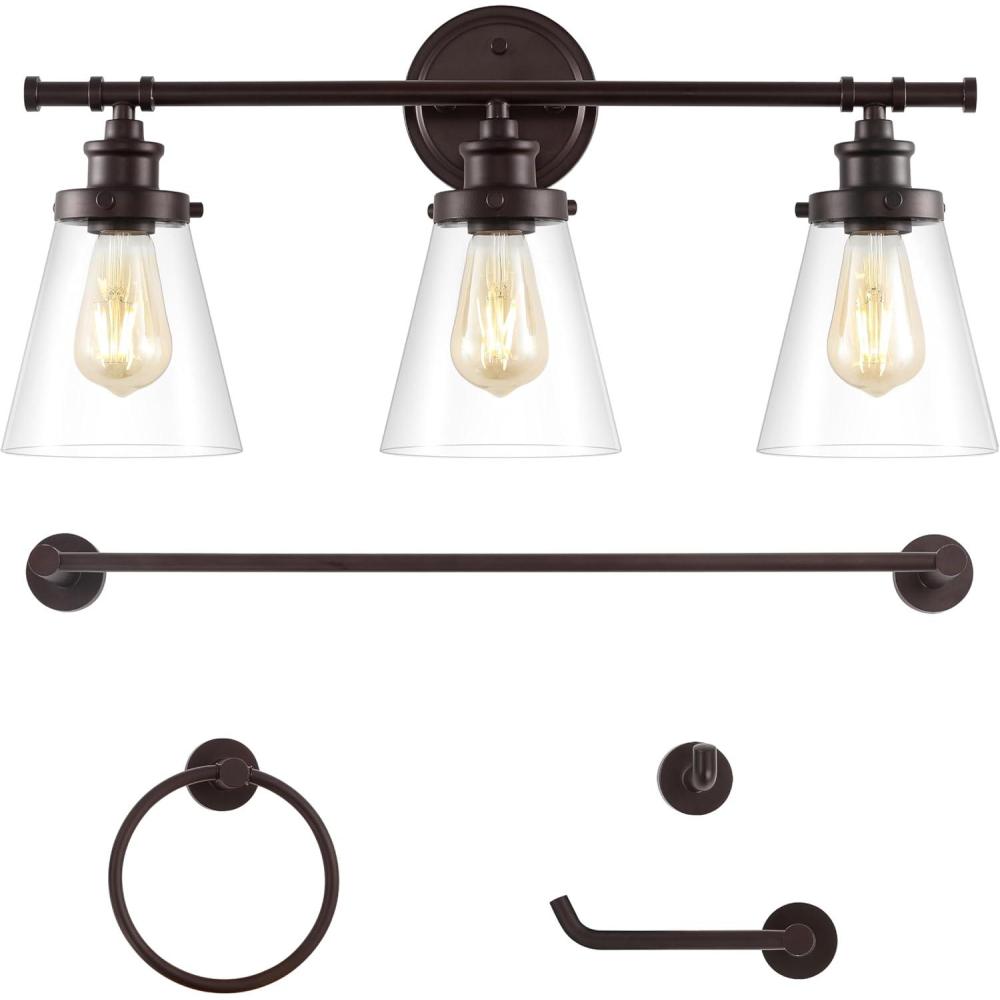 imageJONATHAN Y JYL1507B Hollis 2375quot 3Light Traditional Farmhouse Vanity Light with Bathroom Accessory Set Oil Rubbed BronzeGold Painting 5Piece Towel Bar ampamp Ring Toilet Paper Holder Robe HookOilRubbed Bronze