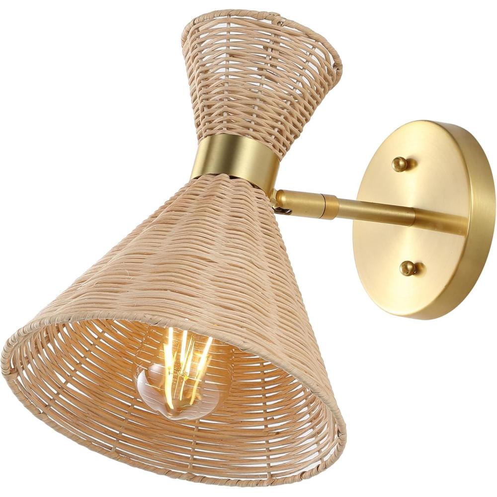 imageJONATHAN Y JYL1601A Zoey 10quot 1Light MidCentury Vintage Retro RattanMetal LED Sconce with Adjustable Shade for Bedroom Living Room Kitchen Office Light BrownBrass GoldLight BrownBrass Gold