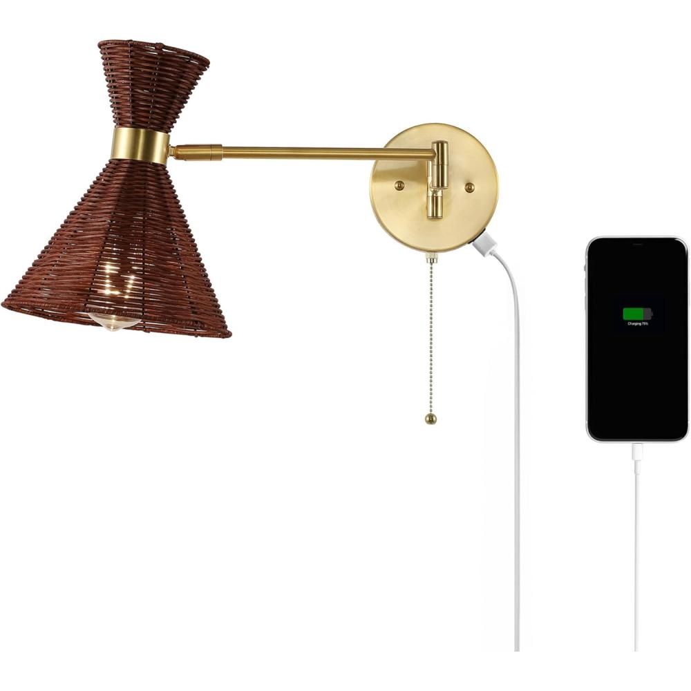 imageJONATHAN Y JYL1603A Lily 25quot 1Light MidCentury Vintage Retro RattanMetal USB Charging Swing Arm LED Sconce with Pull Chain for Bedroom Living Room Kitchen Office Light BrownBrass GoldDark BrownBrass Gold