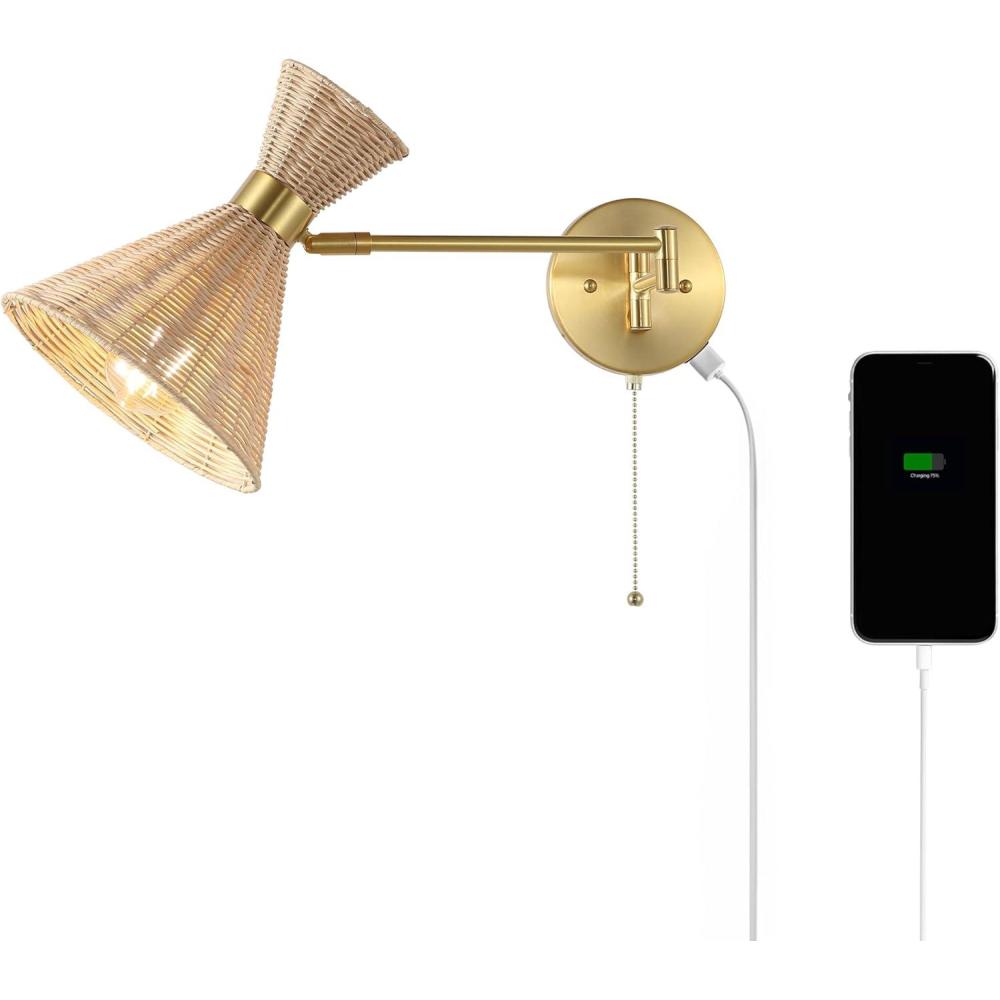 imageJONATHAN Y JYL1603A Lily 25quot 1Light MidCentury Vintage Retro RattanMetal USB Charging Swing Arm LED Sconce with Pull Chain for Bedroom Living Room Kitchen Office Light BrownBrass GoldLight BrownBrass Gold