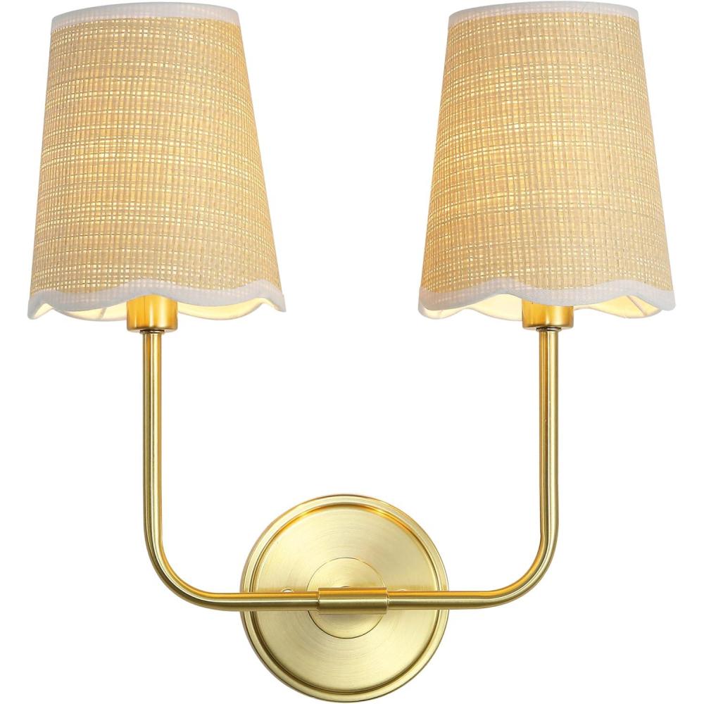 imageJONATHAN Y JYL1610A Lila 365quot 4Light Traditional Coastal Scalloped Fabric ShadeMetal LED Vanity Light for Bathroom Powder Room Dressing Room Bedroom Brass GoldBrown2 Bulb