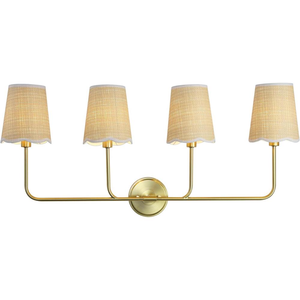 imageJONATHAN Y JYL1610A Lila 365quot 4Light Traditional Coastal Scalloped Fabric ShadeMetal LED Vanity Light for Bathroom Powder Room Dressing Room Bedroom Brass GoldBrown4 Bulb