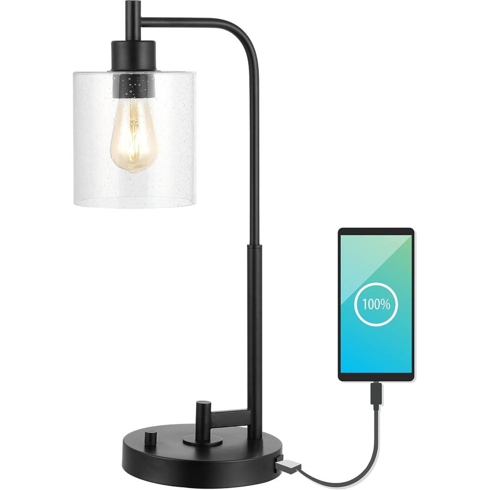imageJONATHAN Y JYL3078A Axel Modern 23quot IronSeeded Glass Farmhouse Industrial USB Charging LED Task Lamp Industrial Rustic Farmhouse Bohemian Transitional Office Bedroom Living Room Black