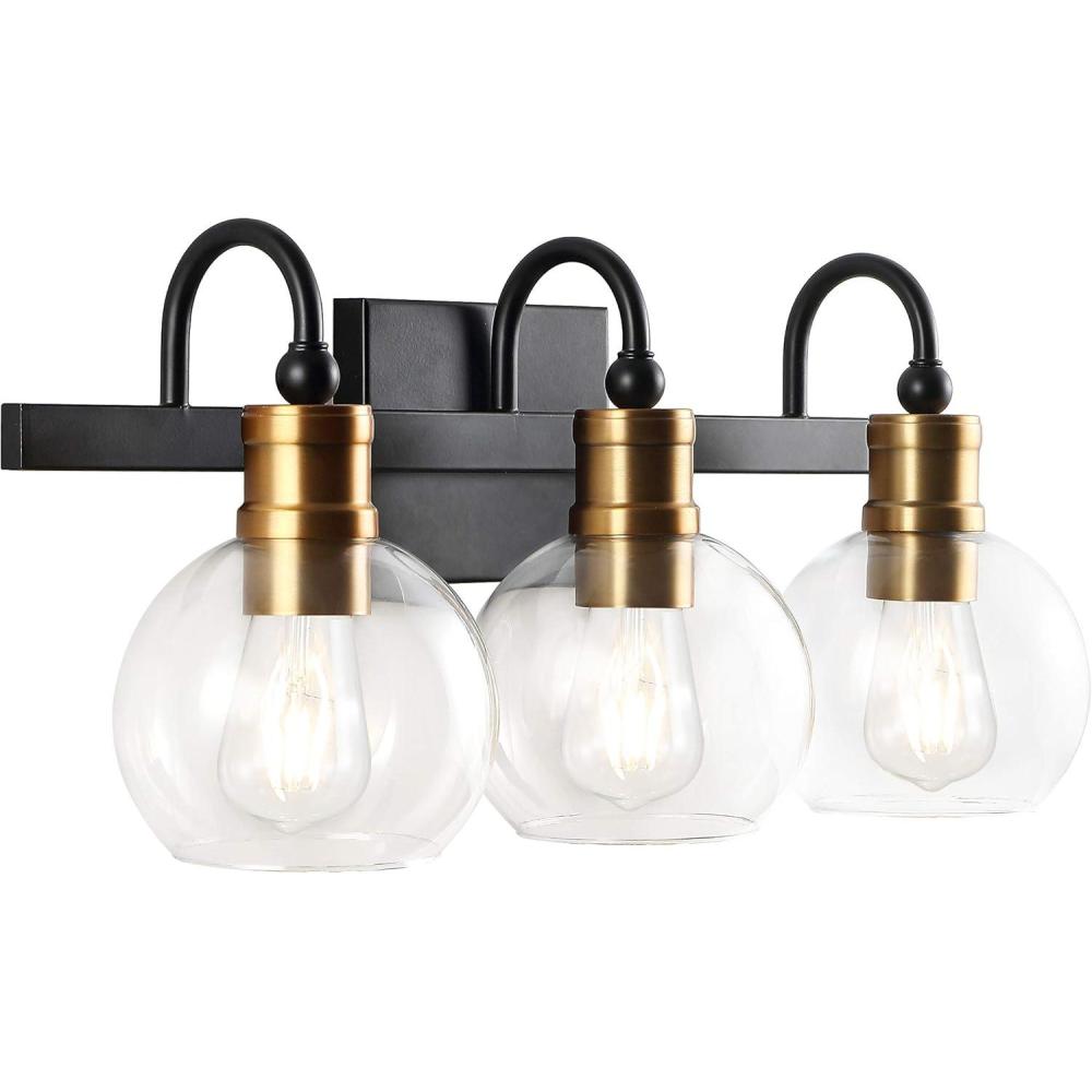 imageJONATHAN Y JYL3526A Marais 588quot 1Light IronGlass Rustic Vintage LED Vanity Light Industrial Bohemian 2700K LED 4W Bulb Entryway Lobby Kitchen Bathroom Bedroom Living Room Hallway BlackBrass Gold3 Light