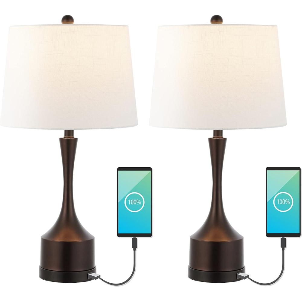 imageJONATHAN Y JYL4045CSET2 Cooper 26quot Farmhouse Iron LED Table Lamp with USB Charging Port Classic Bedside Desk Nightstand Lamp for Bedroom Living Room Office Oil Rubbed Bronze Set of 2OilRubbed Bronze