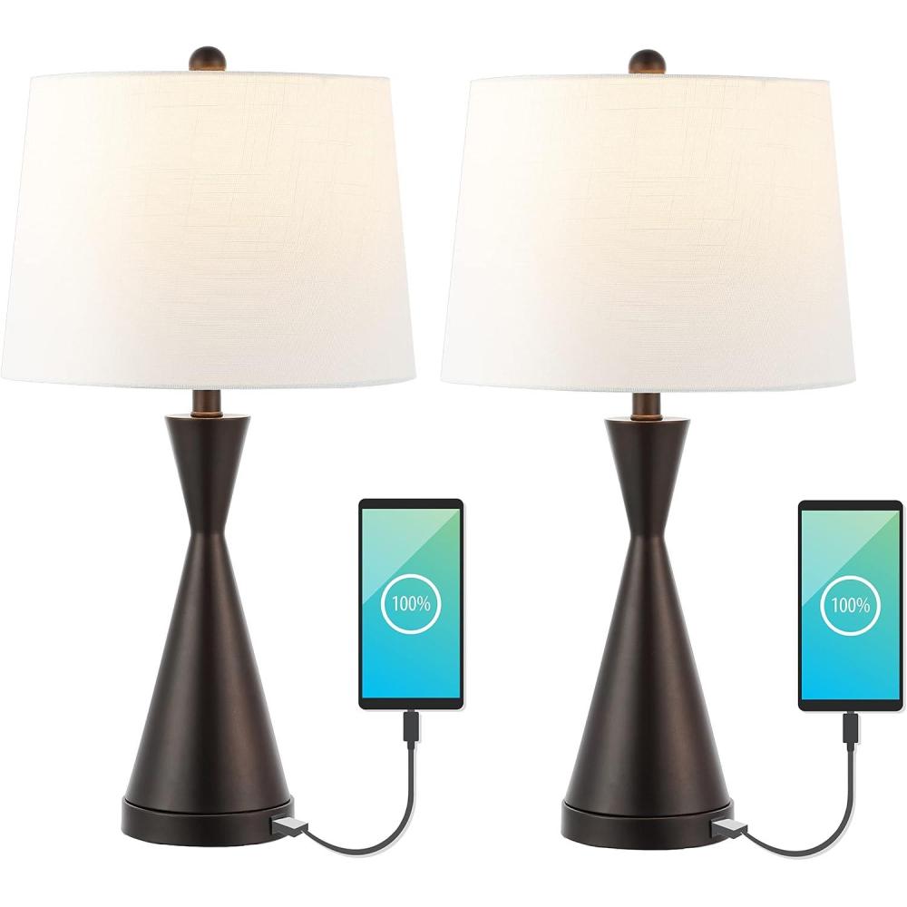 imageJONATHAN Y JYL4046BSET2 Colton 26quot Classic Iron LED Table Lamp with USB Charging Port Farmhouse Bedside Desk Nightstand Lamp for Bedroom Living Room Office Brass Gold Set of 2OilRubbed Bronze