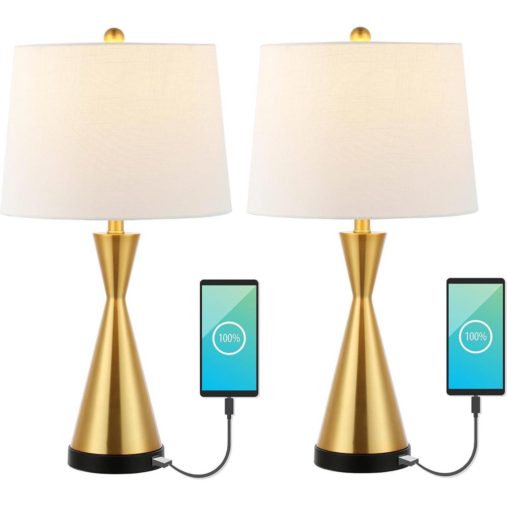 imageJONATHAN Y JYL4046BSET2 Colton 26quot Classic Iron LED Table Lamp with USB Charging Port Farmhouse Bedside Desk Nightstand Lamp for Bedroom Living Room Office Brass Gold Set of 2Brass Gold