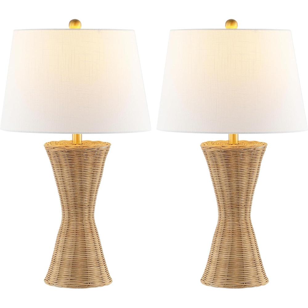 imageJONATHAN Y JYL4048ASET2 Laura 27quot Coastal Designer IronRattan Wicker LED Table Lamp Bohemian Style Minimalist Cottage Transitional Office Living Room Dining Room Bedroom Natural Set of 2