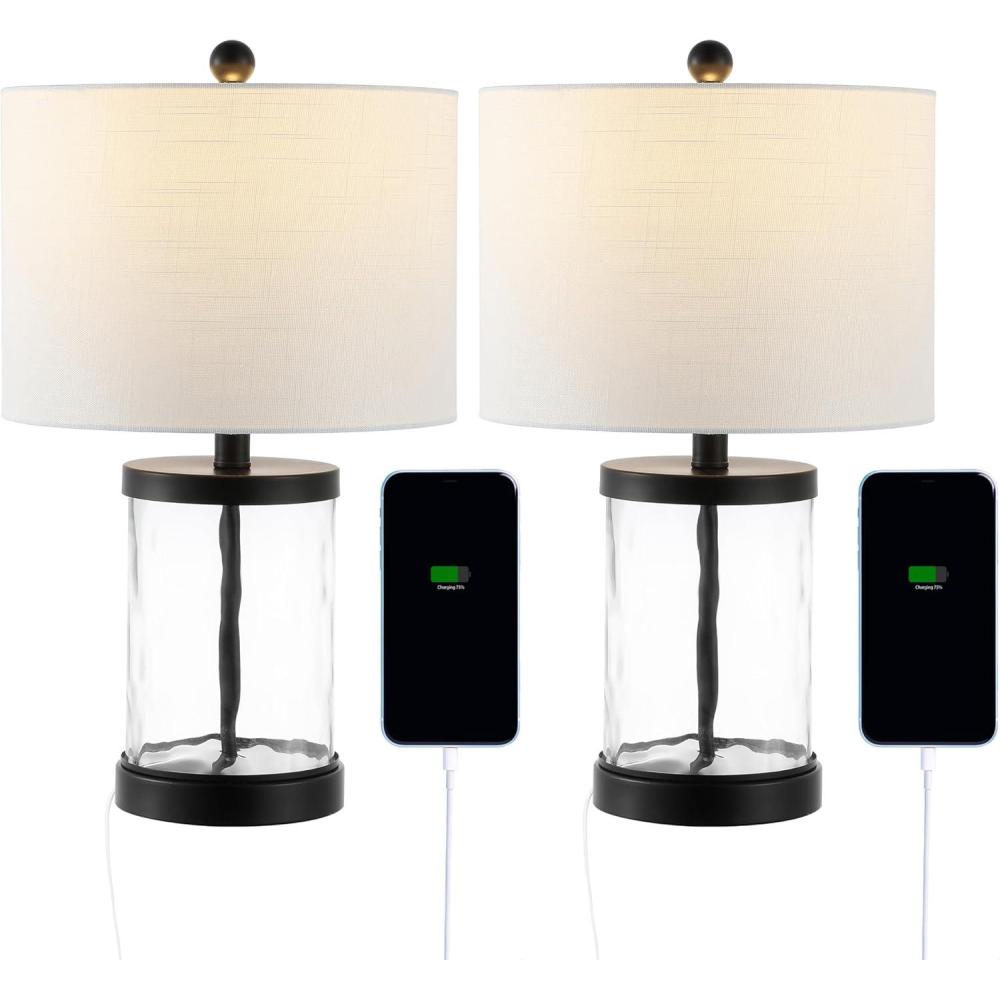imageJONATHAN Y JYL4058ASET2 Alexander 21quot Modern Designer IronWater Glass LED Table Lamp with USB Charging Port Minimalist Industrial Glam Living Room Dining Room Bedroom BlackClear Set of 2