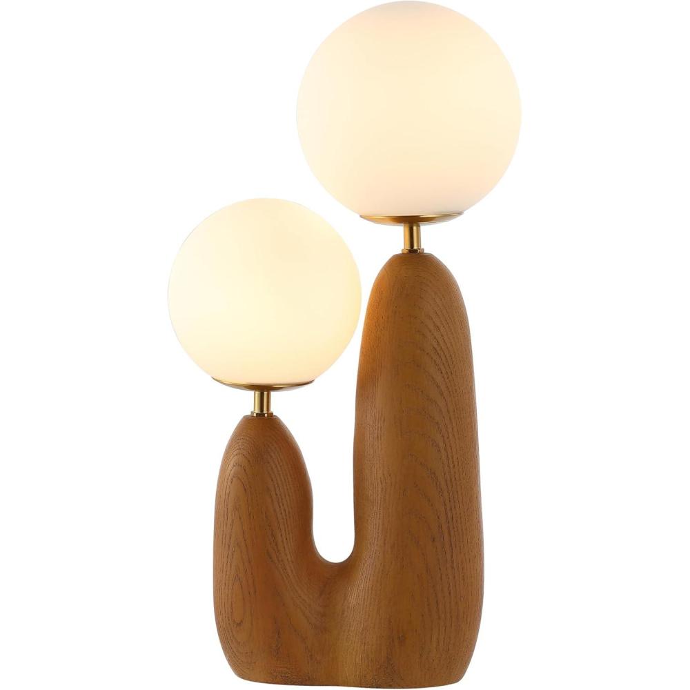 imageJONATHAN Y JYL4065A Oda 1775quot 2Light Modern Bohemian ResinIronFrosted Glass Danish Cactus LED Table Lamp Brown Wood Finish for Living Room Office BedroomBrown Wood FinishBrass Gold